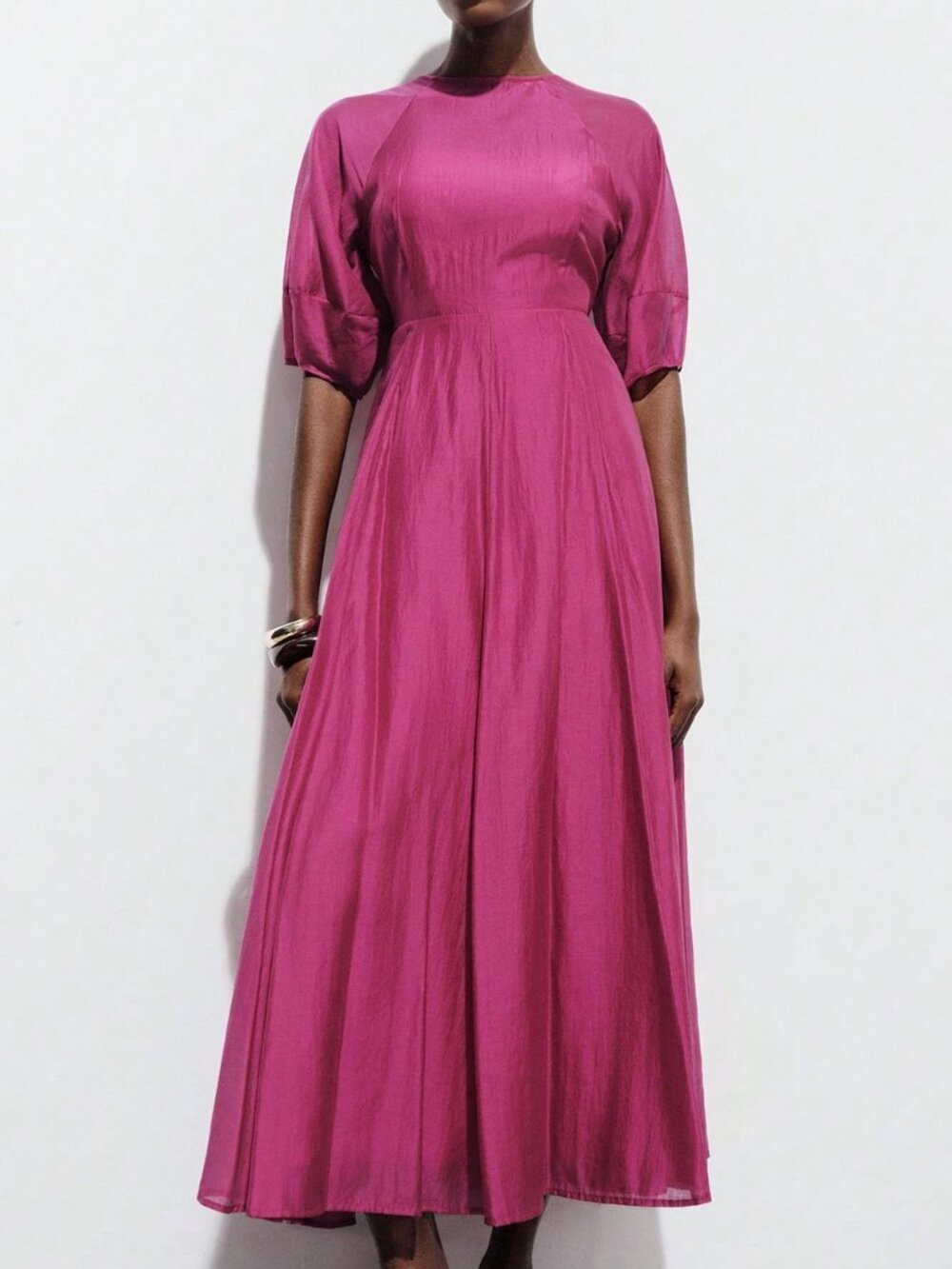 Hot Pink Elegant Women's Sheer Chiffon Puff Sleeve Dress - Picture 3 of 8